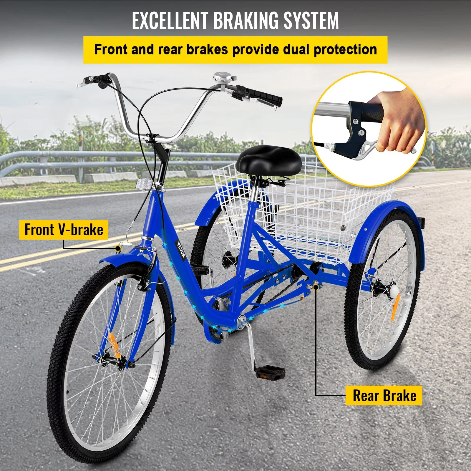 VEVOR Adult Tricycle 24" Single Speed Three Wheel Bike with Bell Brake System and Basket Cruiser Bicycles Large Size for Shopping,Blue