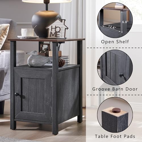 Farmhouse Nightstand Set of 2, End Table with Charging Station, Rustic Side Table w/Barn Door & Open Shelves, Bedside Table w/Storage Space and Storage Cabinet for Bedroom, Living Room (White)