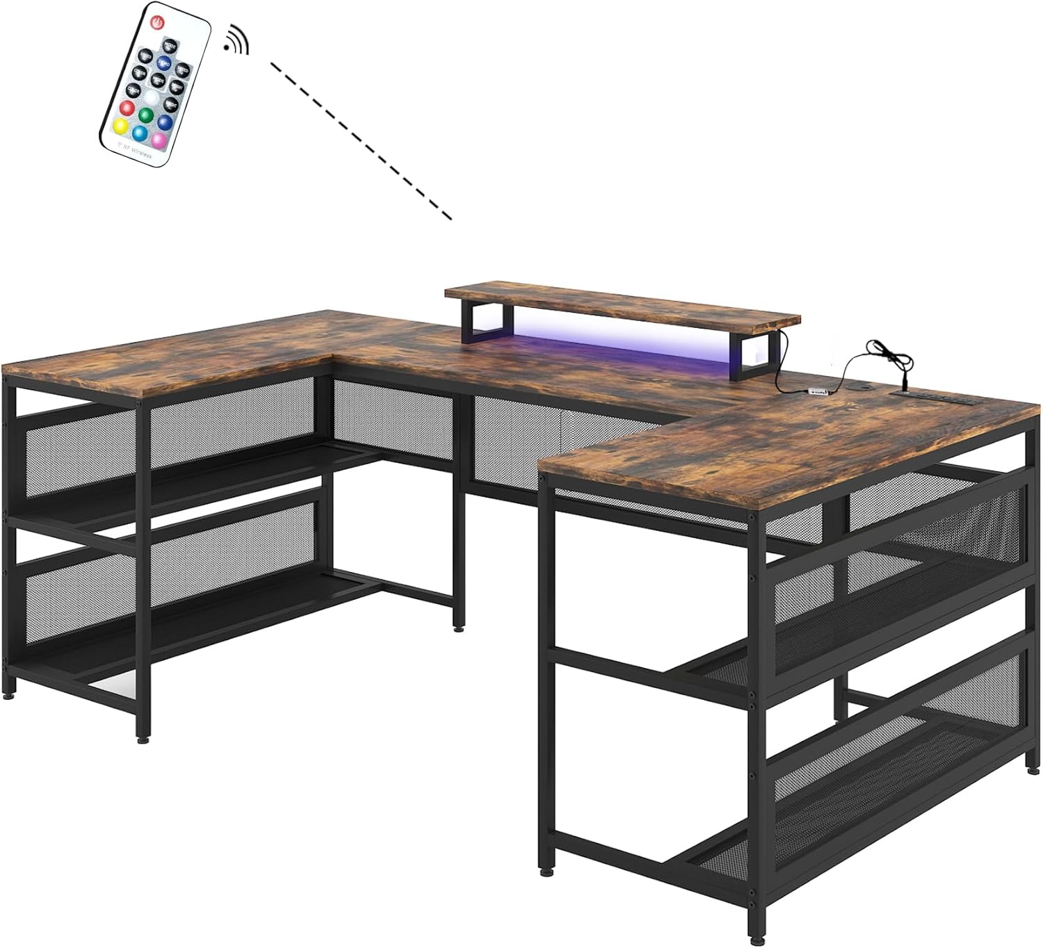 U-Shaped Desk with Shelve and LED Lights