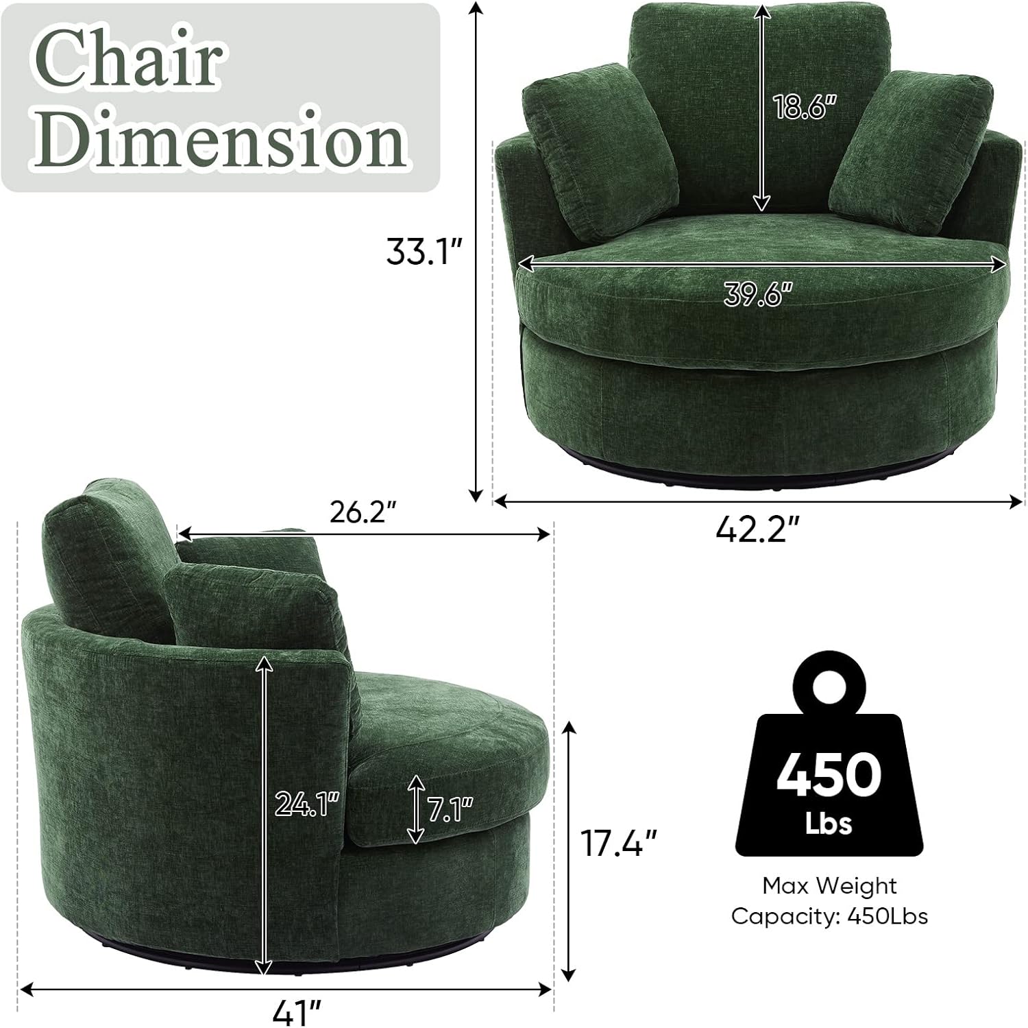 Oversized Swivel Chair Living Room Lounge, Modern Round Swivel Barrel Chair Bedrooms Club Chairs Boucle Upholstered Circle Big Accent Corner Chair with 3 Pillows(Green Chenille)