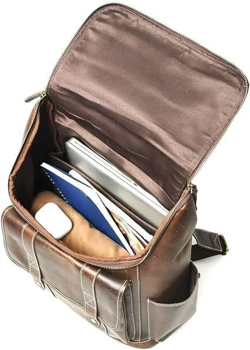 Hulsh Buffalo Leather Backpack for Men & Women Vintage Genuine Leather Laptop Backpack Full Grain Brown Leather Backpacks Rucksack Knapsack with Padded Laptop Sleeve Best for Office Travel Use