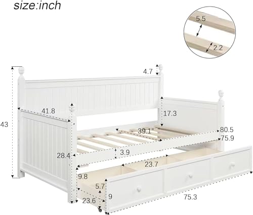 Twin Daybed with Storage Drawers Wood Day Bed Frame Compatible with Living Room Bedroom Dual-use Sofa Beds Compatible with Kids Guests Sleepovers, Twin Size, Gray,Bed Frame, jq-632