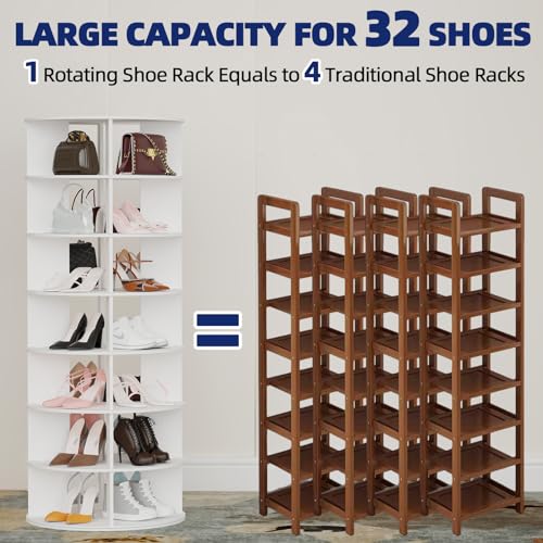 Rotating Shoe Rack 7-Tier Wood Shoe Organizer for Closet Holds 32 Pairs of Shoes 360° Spinning Shoe Rack Tower Space-Saving Shoe Storage Shelf