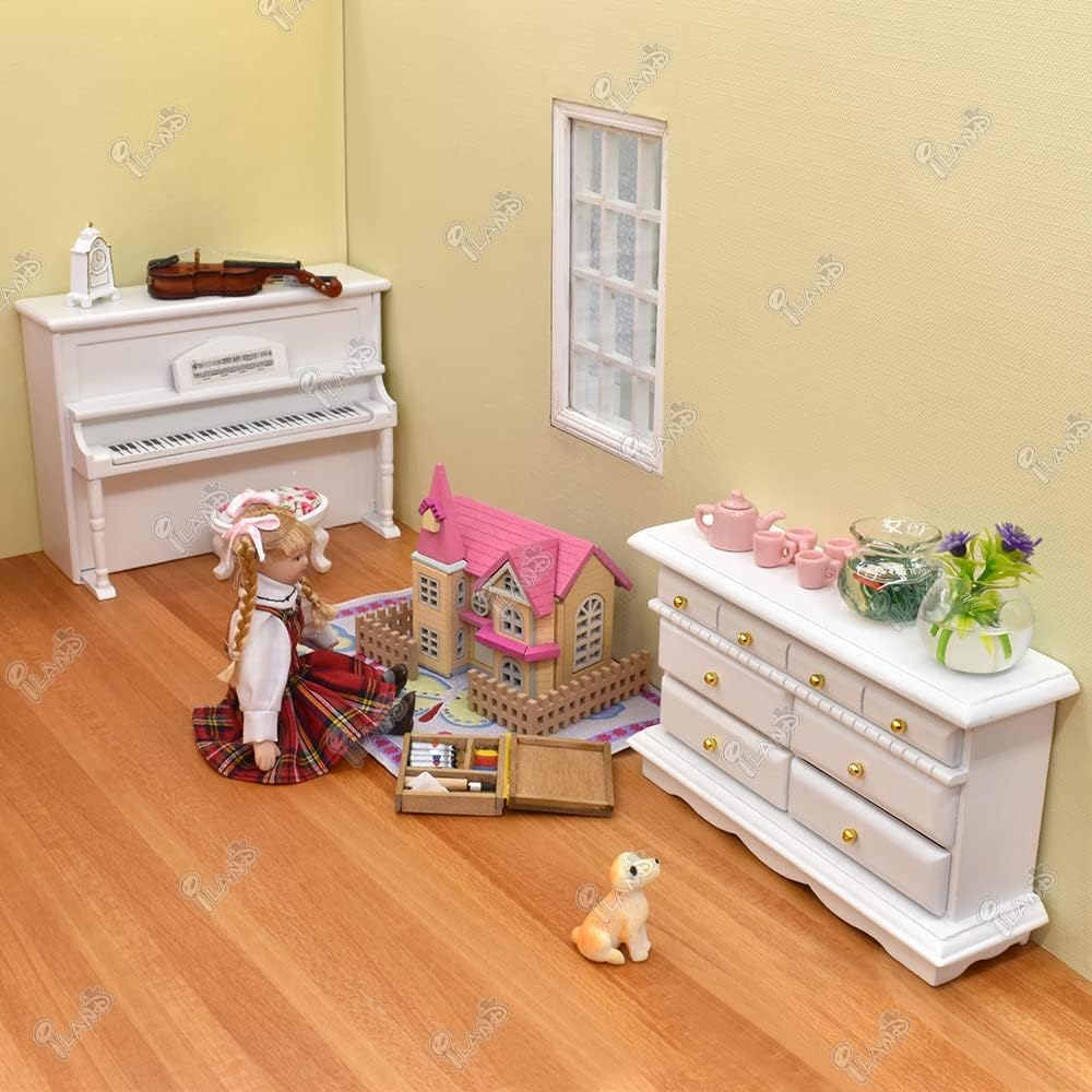 iLAND Dollhouse Furniture of Miniatures Pink Dollhouse Bedroom on 1/12 Scale for Girls, Dollhouse Bed w/ Piano (Sweet Doll Furniture 6pcs)