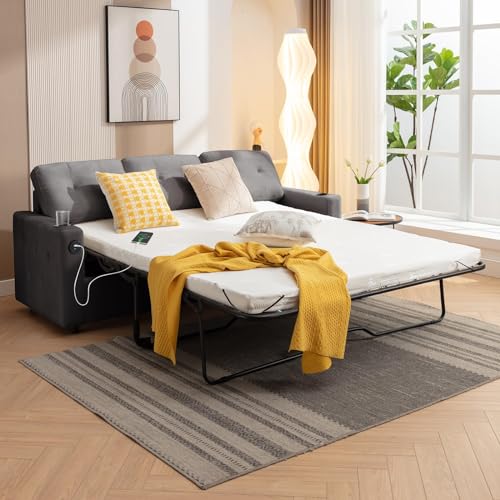 2-in-1 Pull Out Sofa Bed, Convertible Loveseat Sleeper Couch, Pull Out Couch w/Memory Foam Mattress & Metal Bed Frame, Sleeper Sofa Bed w/Cup Holders & USB for Living Room-Queen,Beige