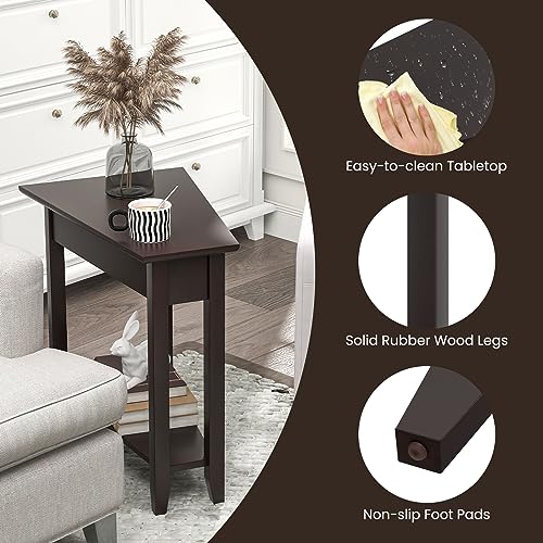 GOFLAME 2-Tier Wedge End Table Set of 2, Narrow Triangle Side Table with Storage Shelf, Solid Wood Legs, Nightstand, Recliner Wedge Table for Living Room, Bedroom, Small Space, White