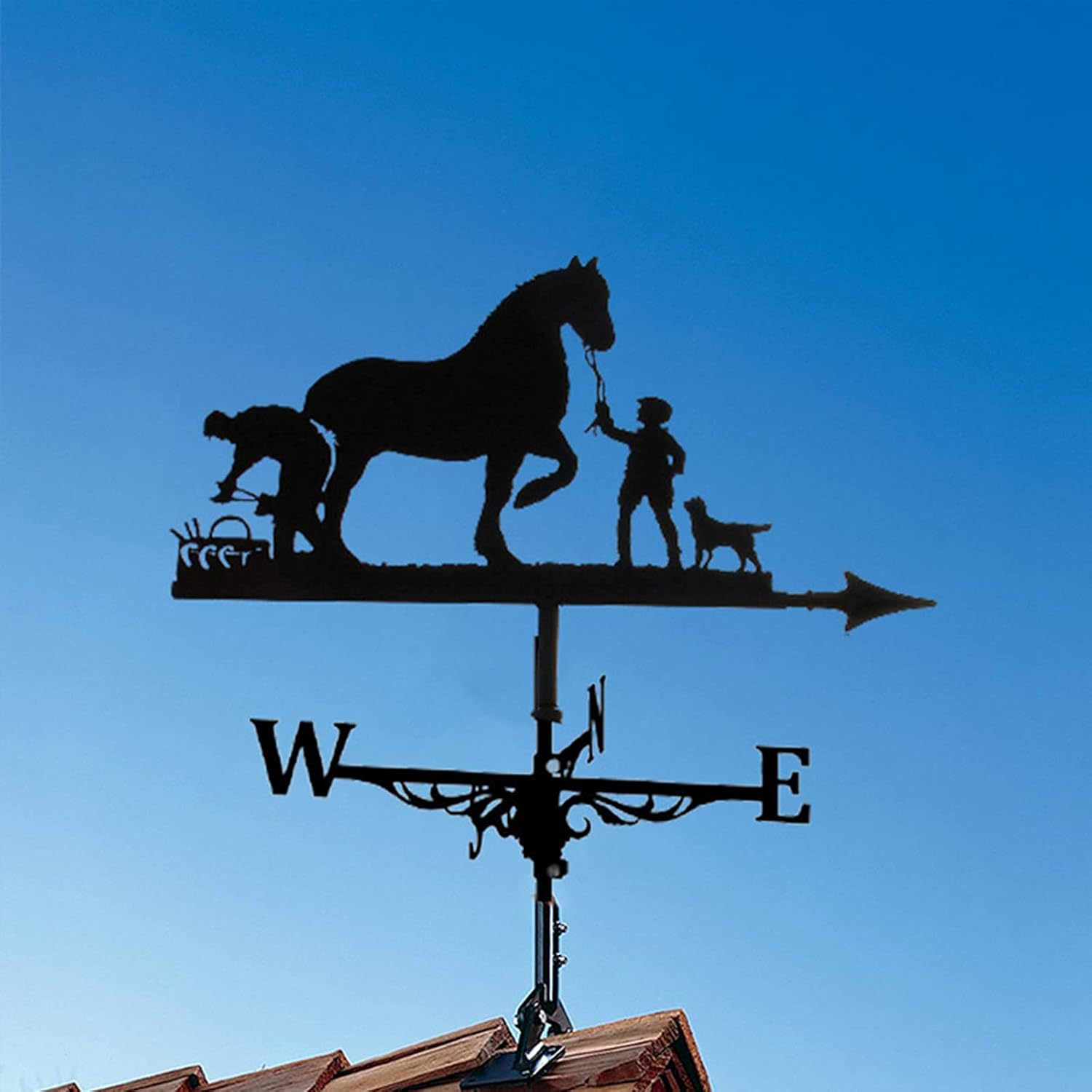 Decoration Wind Vane, Weathervane with Roof Mount Weathercock Wind Direction Indicator, Retro Farmer and Horse Metal Weathervane Garden, Creative Stainless Steel Home Decor Ornament