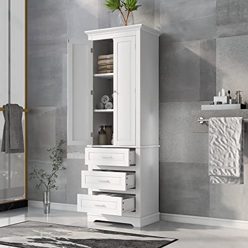 Tall Bathroom Storage Cabinet with 2 Door, Freestanding Floor Cabinet with 3 Drawers and Adjustable Shelves, Large White Linen Cabinet for Bathroom, Kitchen, Living Room