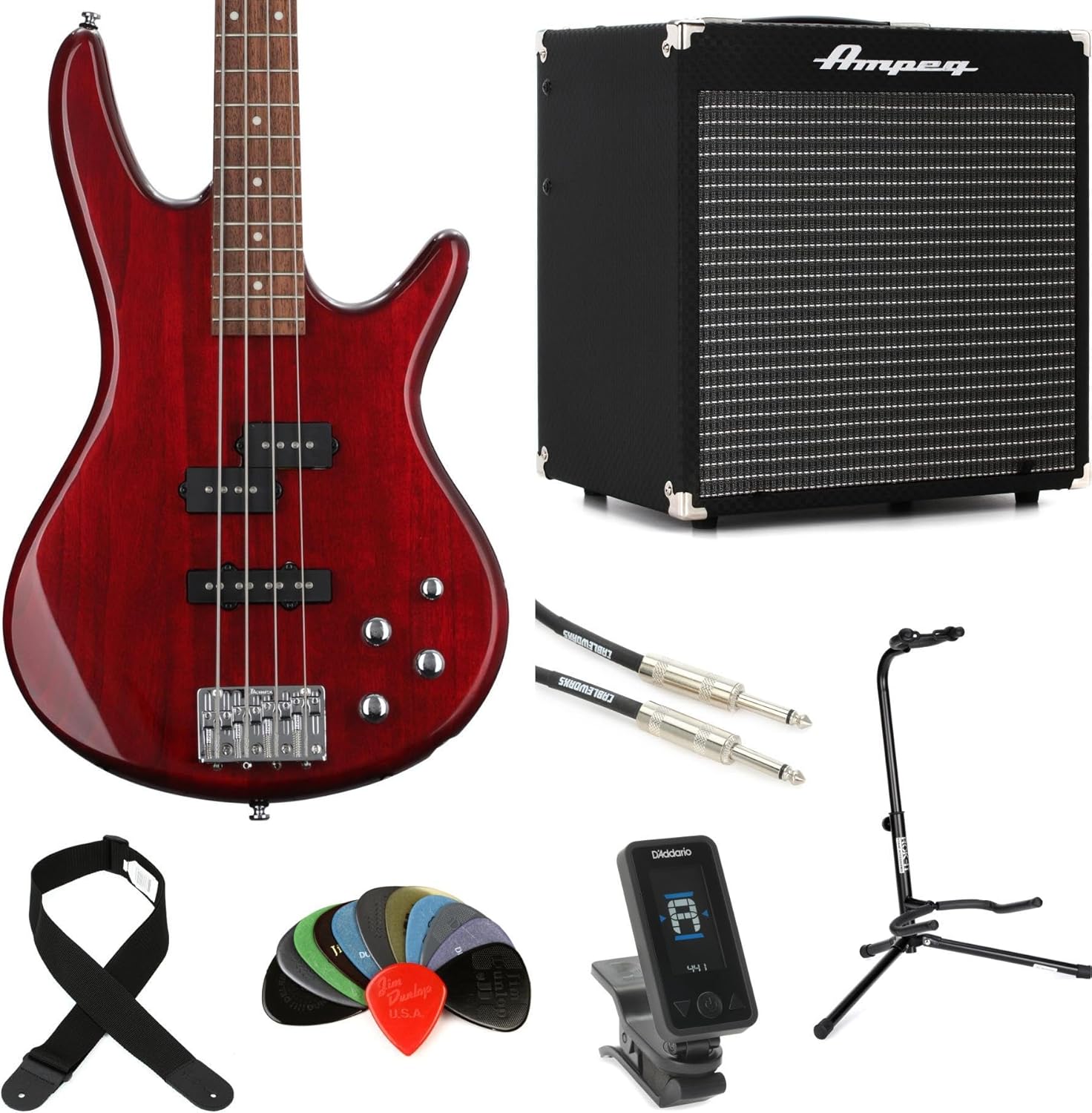 Ibanez Gio GSR200TR Bass Guitar - Transparent Red and Rocket Bass 30-Watt Combo Amp Essentials Bundle with Stand, Strap, Clip-On Tuner, Cable and Picks