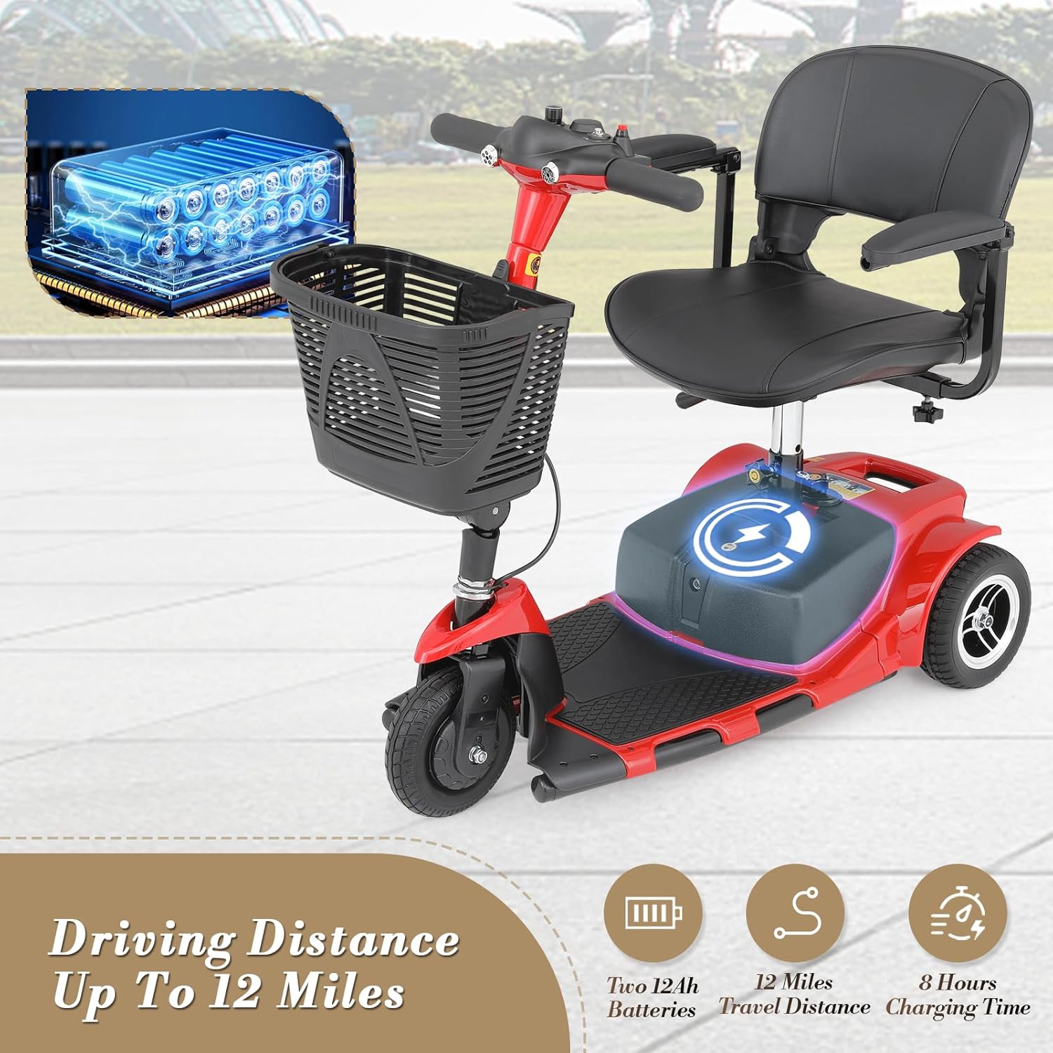 Athena Collection 3 Wheel Mobility Scooter Electric Wheelchair Scooter with Seat for Adults Seniors, Foldable Power Motorized Scooter Long Range Battery with Charger Headlights Basket, Red