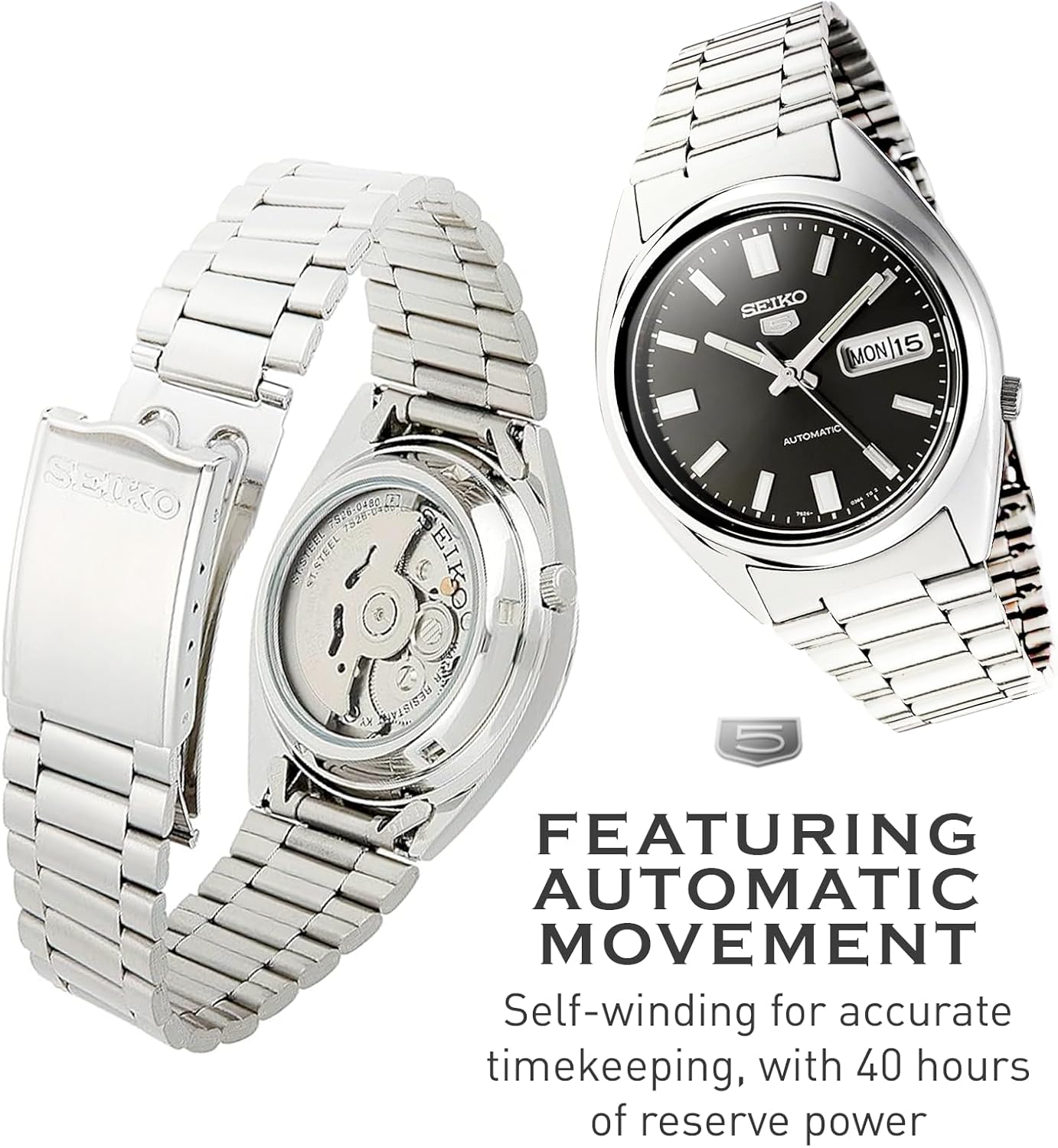 SEIKO SNXS79 Automatic Watch for Men 5-7S Collection - Black Dial on Silver with Luminous Hands, Day/Date Calendar, Stainless Steel Case & Bracelet