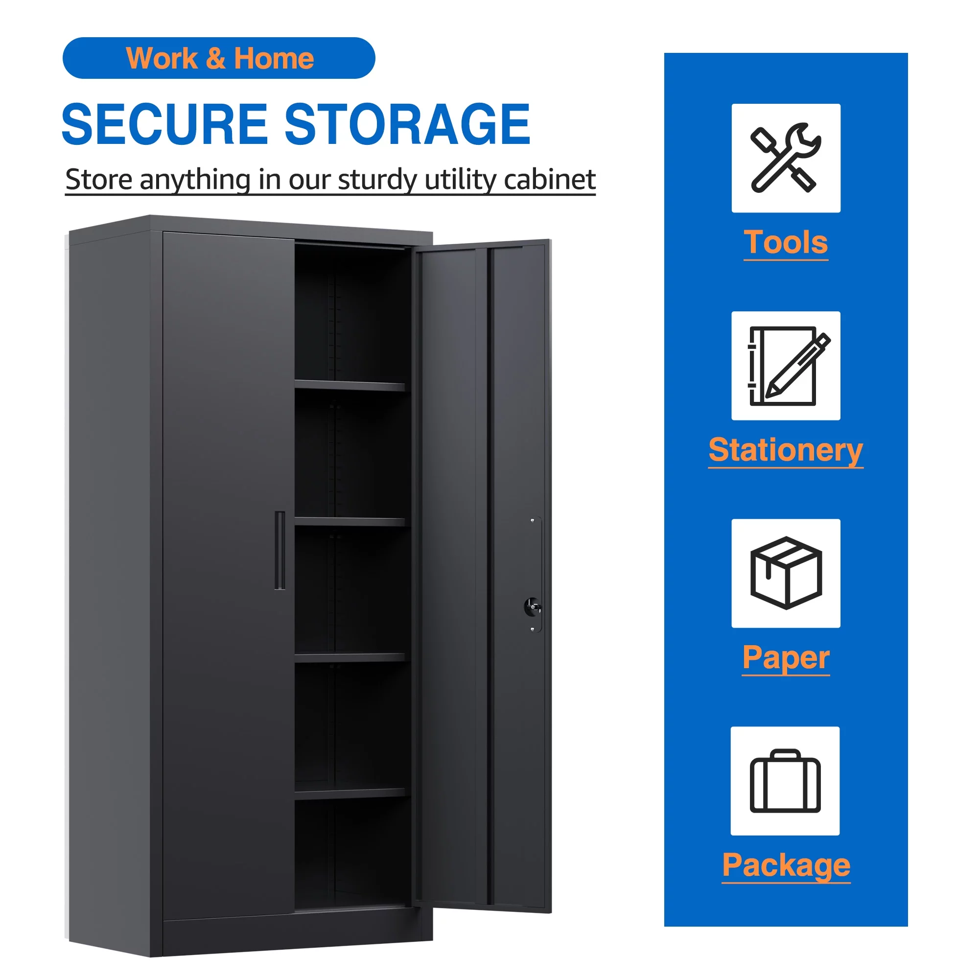 GangMei Metal Storage Cabinet, Metal Garage Cabinet with Lockable Doors and Shelves, Office Cabinet for Home Office, Garage and Utility Room,Assemble Required (Doouble Handles, Black)