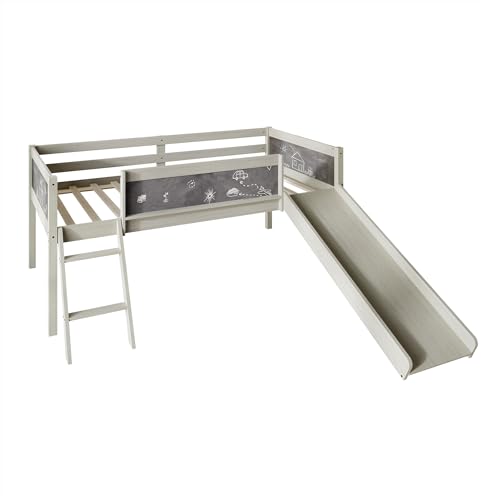 Low Loft Bed with Slide, Climbing Ladder, Chalkboard, Wood Twin Loft Bed Frame with Guardrail for Kids Toddler Boys Girls, Antique Gray