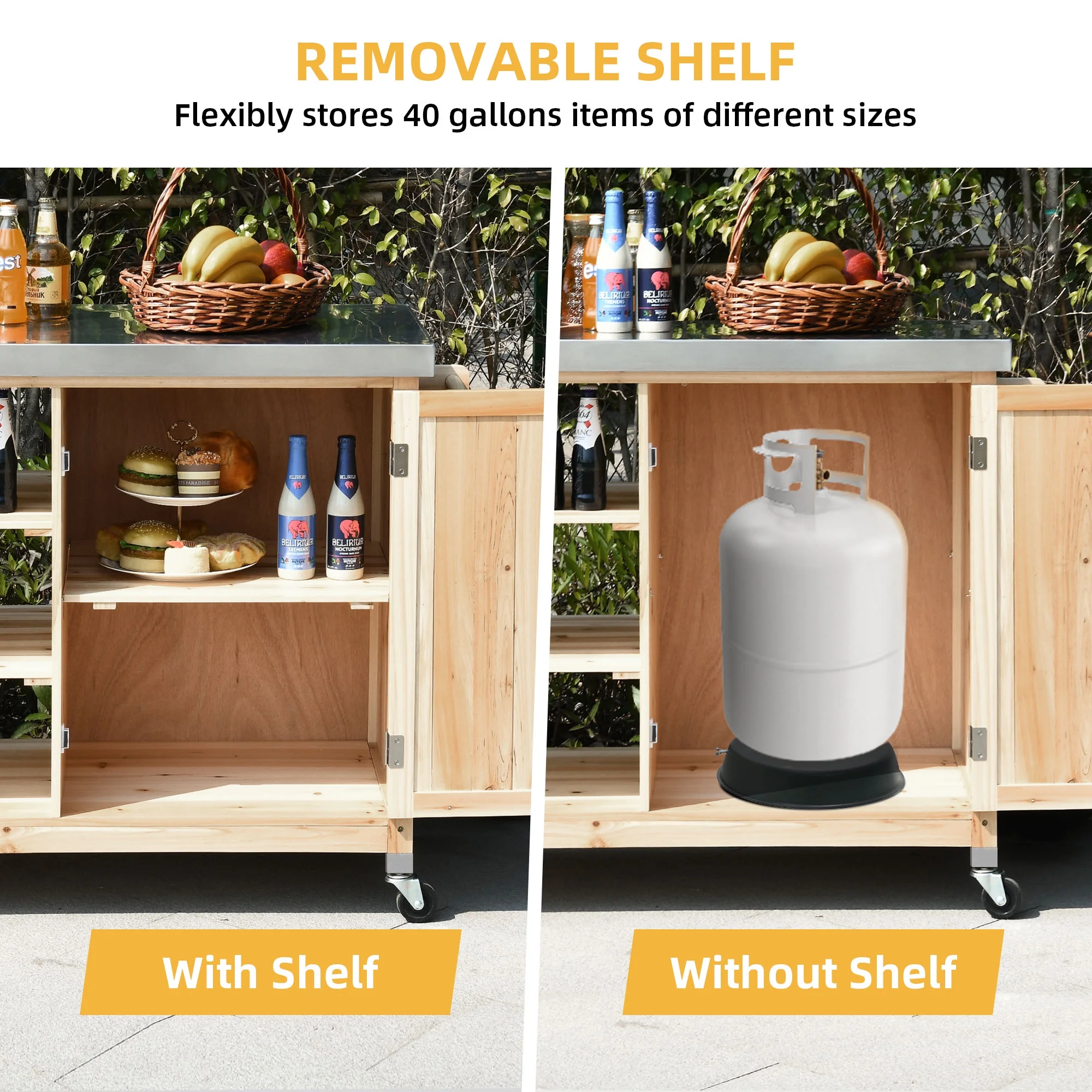 DWVO Outdoor Table and Storage Cabinet Solid Wood Movable Grill Table with Stainless Steel Top for Outside Patio Kitchen Island or Bar Cart - Natural