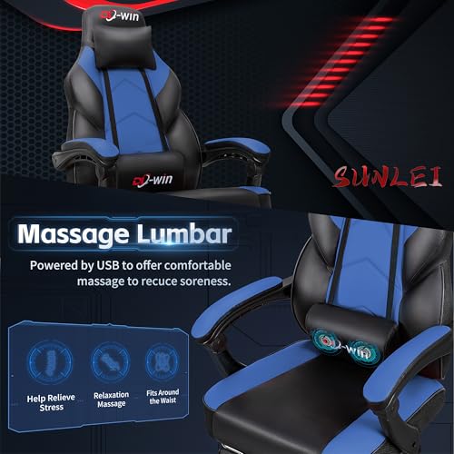 Gaming Chairs for Adults, Computer Chair with Footrest and Ergonomic High Back, Big and Tall Gamer Chairs with Massage Lumbar Support, 360° Swivel Height Adjustable, Blue