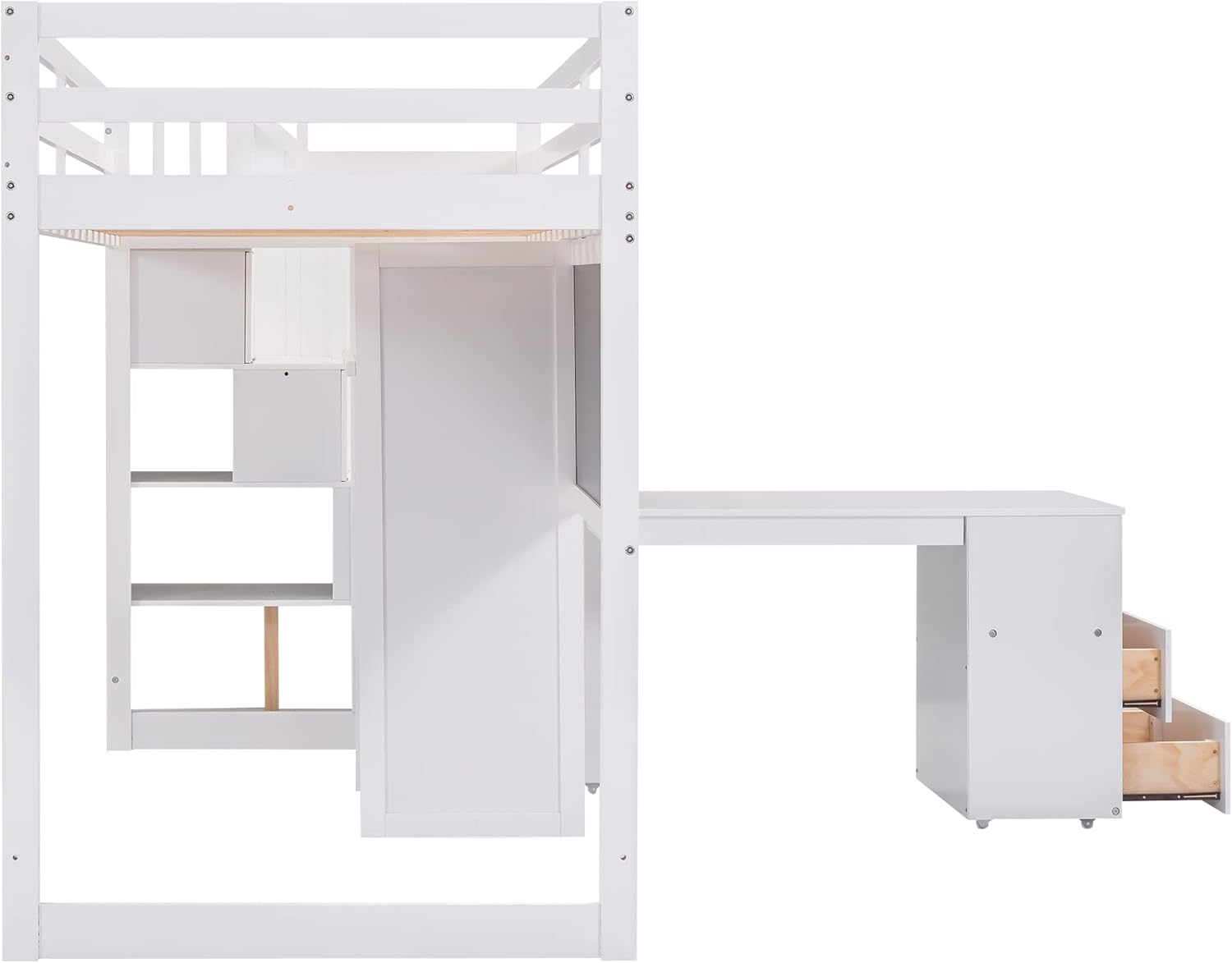 Harper & Bright Designs Twin Size Loft Bed with Stairs and Desk, Solid Wood Loft Bed with Storage Shelves and Blackboard, for Bedroom Dorm Boys Girls Adults (Twin, White)