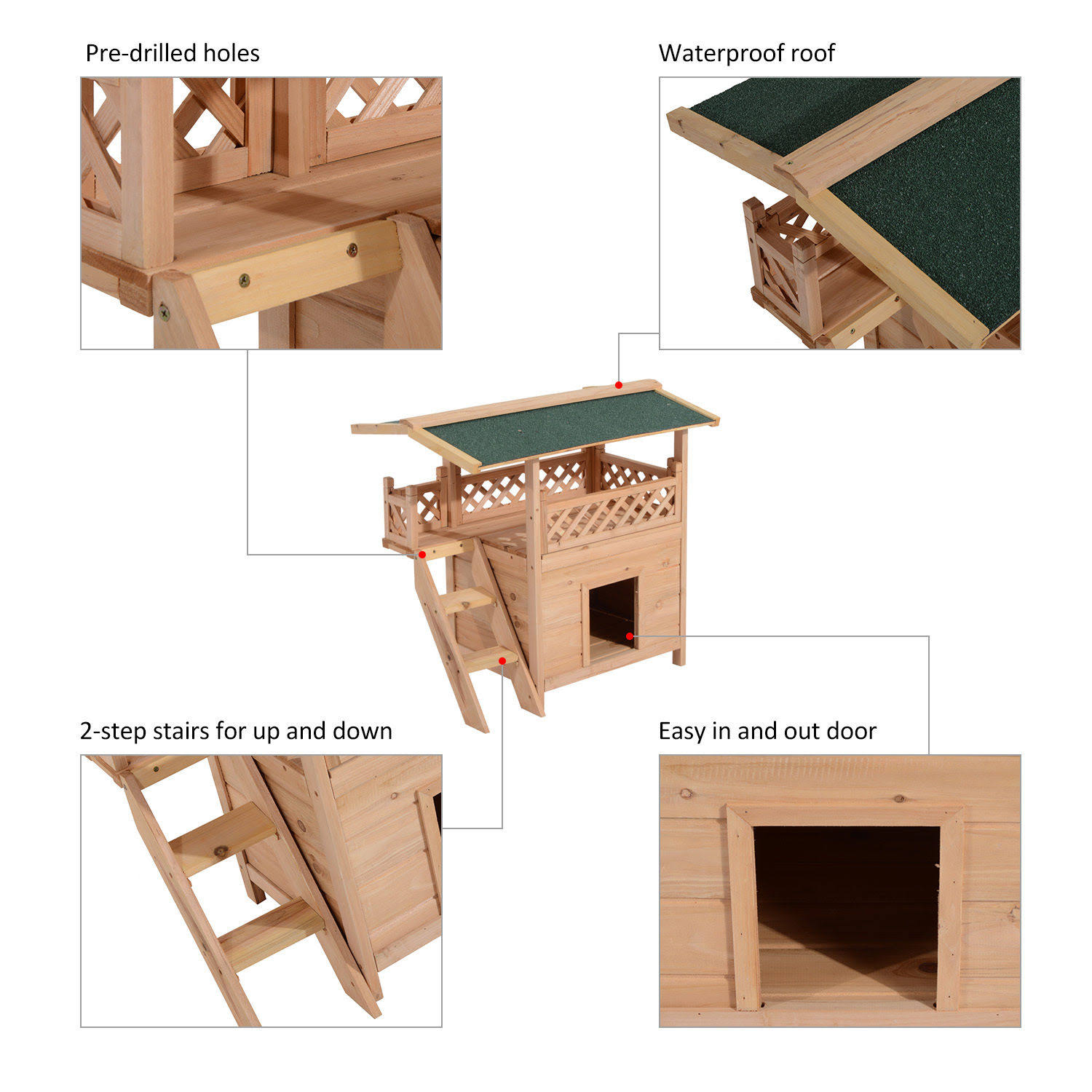 Pawhut Wooden Pet House Cat Room Dog Puppy Large Kennel Indoor Outdoor Shelter w/ Roof - Wood
