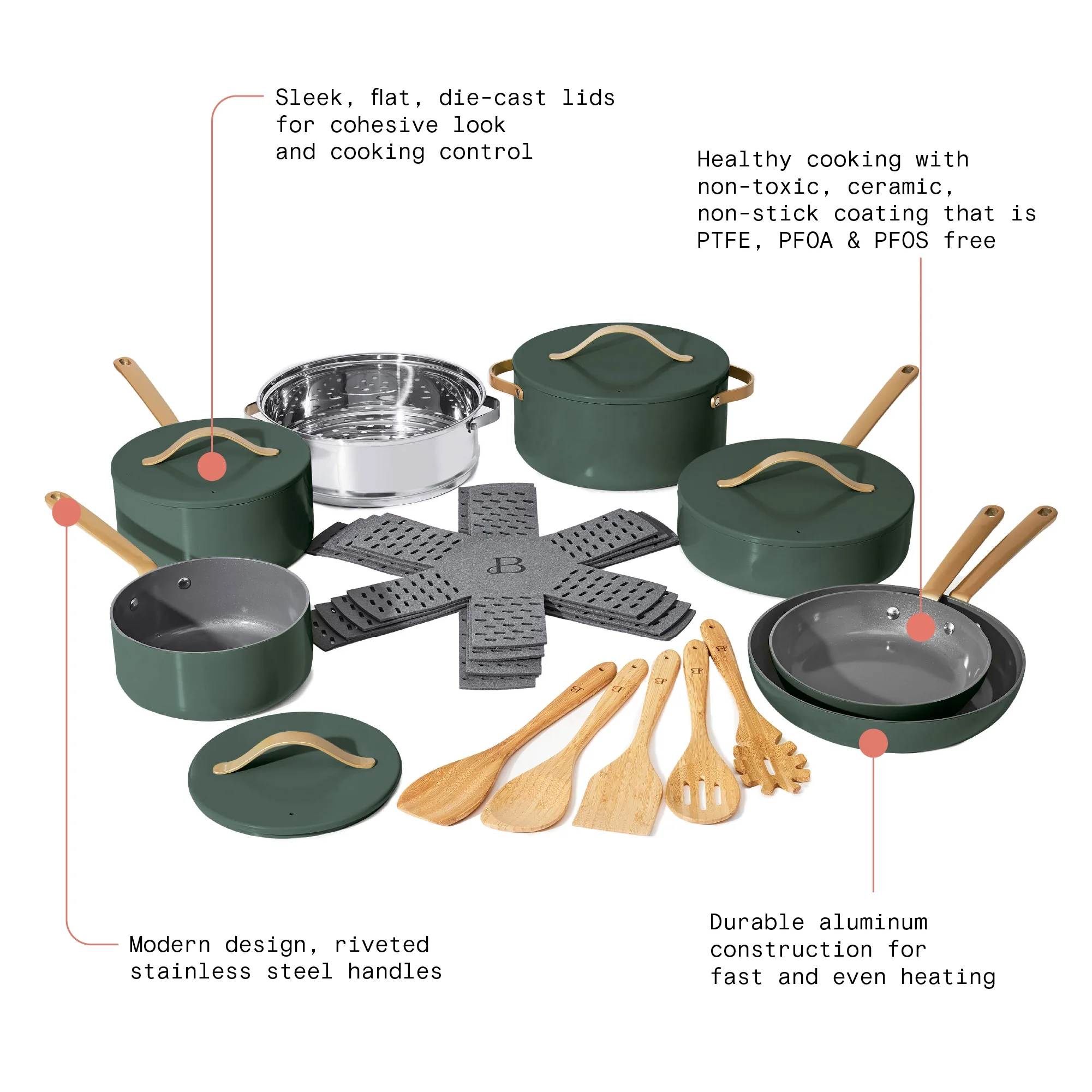 Beautiful 20pc Ceramic Non-Stick Cookware Set, Thyme Green by Drew Barrymore