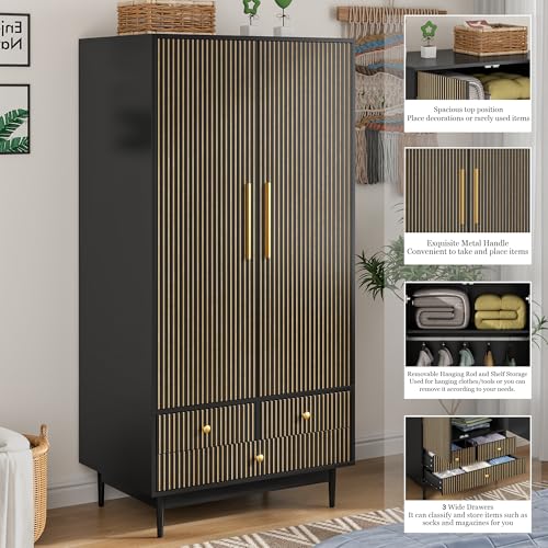 Armoire Wardrobe Closet with 2 Fluted Doors,64.96" Wooden Clothes Storage Cabinet with Hanging Rod and Shelf Storage,Wardrobe Cabinet with 3 Drawers,Freestanding Closet for Bedroom,White