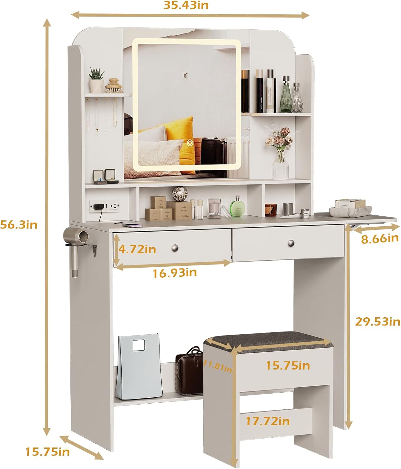 Vanity Set with Mirror and Stool and Lights, Small Makeup Vanity Desk with Fold-Up Panel, Adjustable 3 LED Lighting Colors, White Dressing Table with Open Shelves for Bedroom