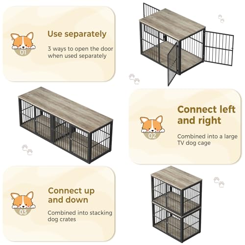 86.62''Dog Crate Furniture Large Breed TV Stand with Double Rooms,Wooden Dog Kennel Dog Crate End Table with Removable Divider for Large Medium Dogs, Can Use Separately, Brown