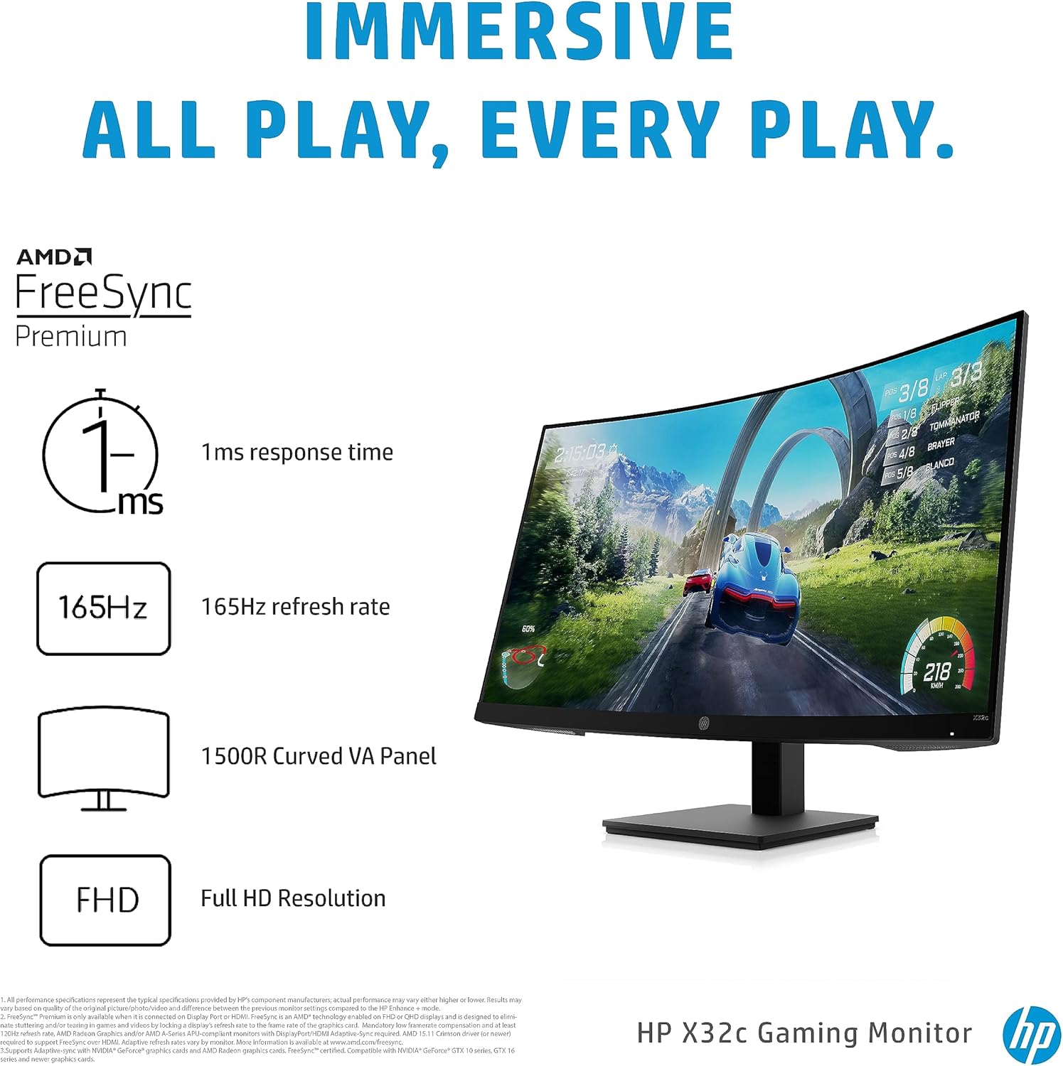 HP 32-inch Curved Gaming Monitor VA HA FHD 1ms 165hz Display, EyeSafe, TÜV certified (X32c, Black)