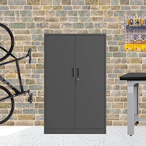 Metal Storage Cabinet with Locking Doors and 2 Adjustable Shelves, Small Lockable Steel Storage Cabinets for Home Office Garage Kitchen Pantry (Black)