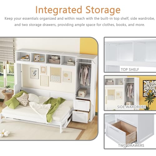 Linique Full Size Murphy Cabinet Storage Wall Bed with Closet and Drawers and Built-in Top Shelf,Hide a Bed on a Wardrobe Space Saving Design,Gray