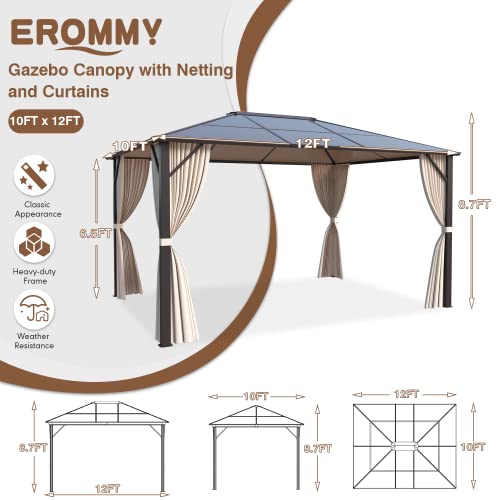 EROMMY 10' x 12' Hardtop Gazebo, Aluminum Frame Gazebos with Galvanized Steel Double Roof, Permanent Outdoor Metal Pavilion with Curtain and Netting for Patio, Lawn, Deck