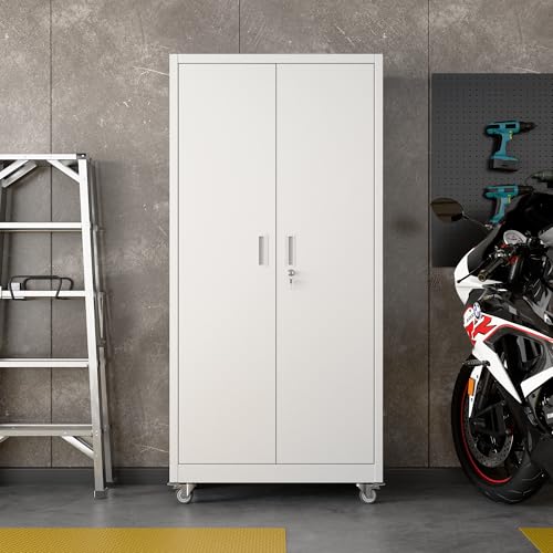 Aobabo 73''H Metal Garage Storage Cabinet with Wheels and Pegboards, 4 Adjustable Shelves Steel Storage Cabinets for Home,Warehouse,Garage,Assembly Required,White