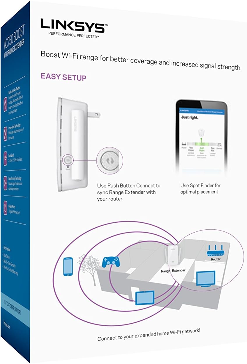 Linksys WiFi Extender, WiFi 5 Range Booster, Dual-Band Booster, 1,000 Sq. ft Coverage, Speeds up to (AC750) 750Mbps - RE6300 Pack of 2