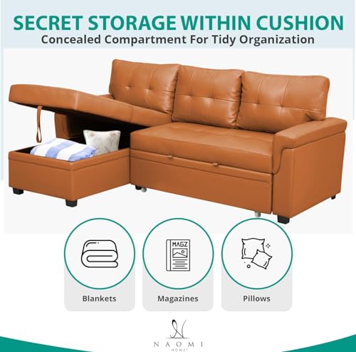Naomi Home Jenny Sectional Sofa Sleeper with Storage Chaise, Tufted Pull Out Couch with Storage, L-Shaped Reversible Sleeper Sofa with Storage, Black,Air Leather
