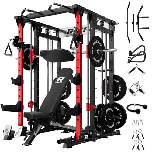 RitFit Buffalo Smith Machine, Power cage with LAT-Pull Down System & Cable Crossover System, All-in-One Squat Rack for Home Gym, Power Rack