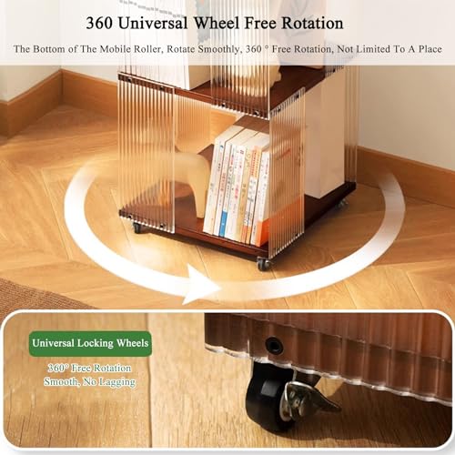 5/6 Tier Rolling Bookcase, Bamboo 360° Rotating Bookshelf Tower, Revolving Bookcase Stackable Bookshelf Organizer, Freestanding Spinning Bookshelf with Wheels for Bedroom, Living Room, Brown