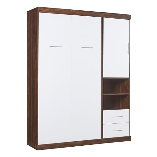 Queen Size Murphy Bed with Built-in Dual Power/USB Port and Removable Shelves, Space-Saving Design Murphy Wall Bed Cube Cabinet with Desks for Home Office, Easy Assemble,White
