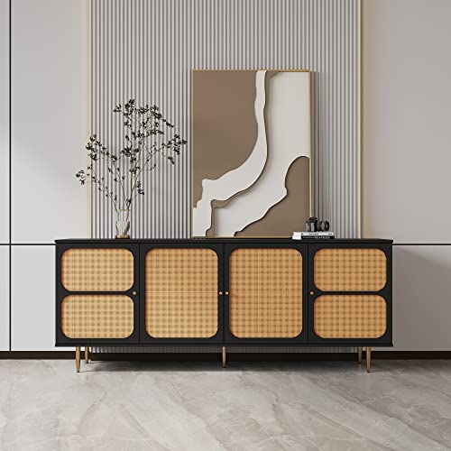Sideboard Buffet Cabinet with Natural Rattan Doors＆Adjustable Shelf, Rattan TV Stand, Rattan Entertainment Center Console Table Accent Cabinet for TV's up to 55” for Living Room (57”, Wood)