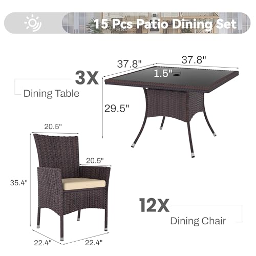5 Piece Outdoor Dining Set,Rattan Patio Conversation Set of 4 Chairs,Patio Dining Table and Chairs w/Cushions,Square Glass Tabletop,Umbrella Cutout for Patio,NavyBlue
