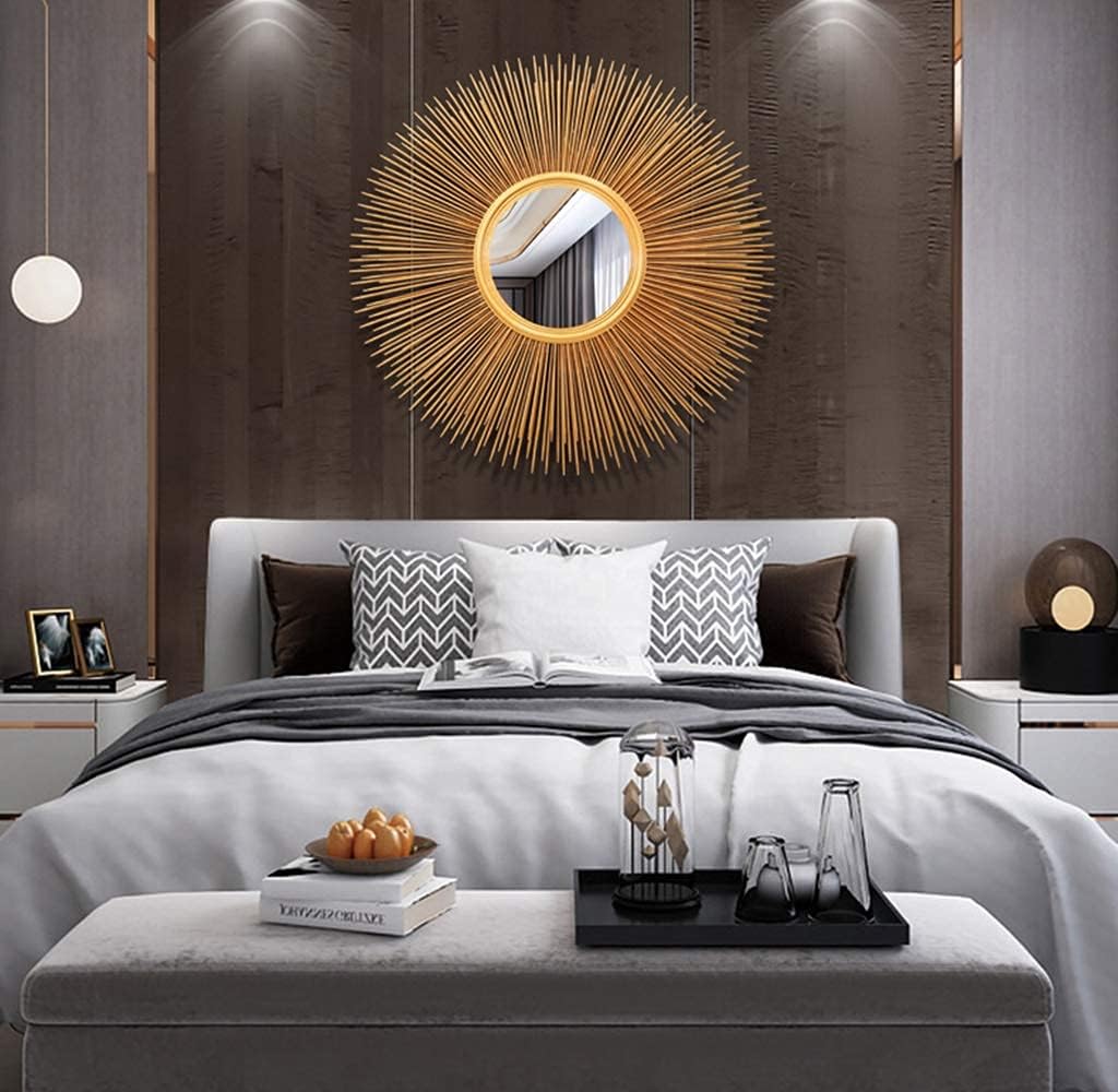 Mirror Large Retro Mirror Decorative Wall Hanging in Sunburst Shape Brushed Gold Sunburst Round Wall Mid Century Modern Style Gold Finish Living Room