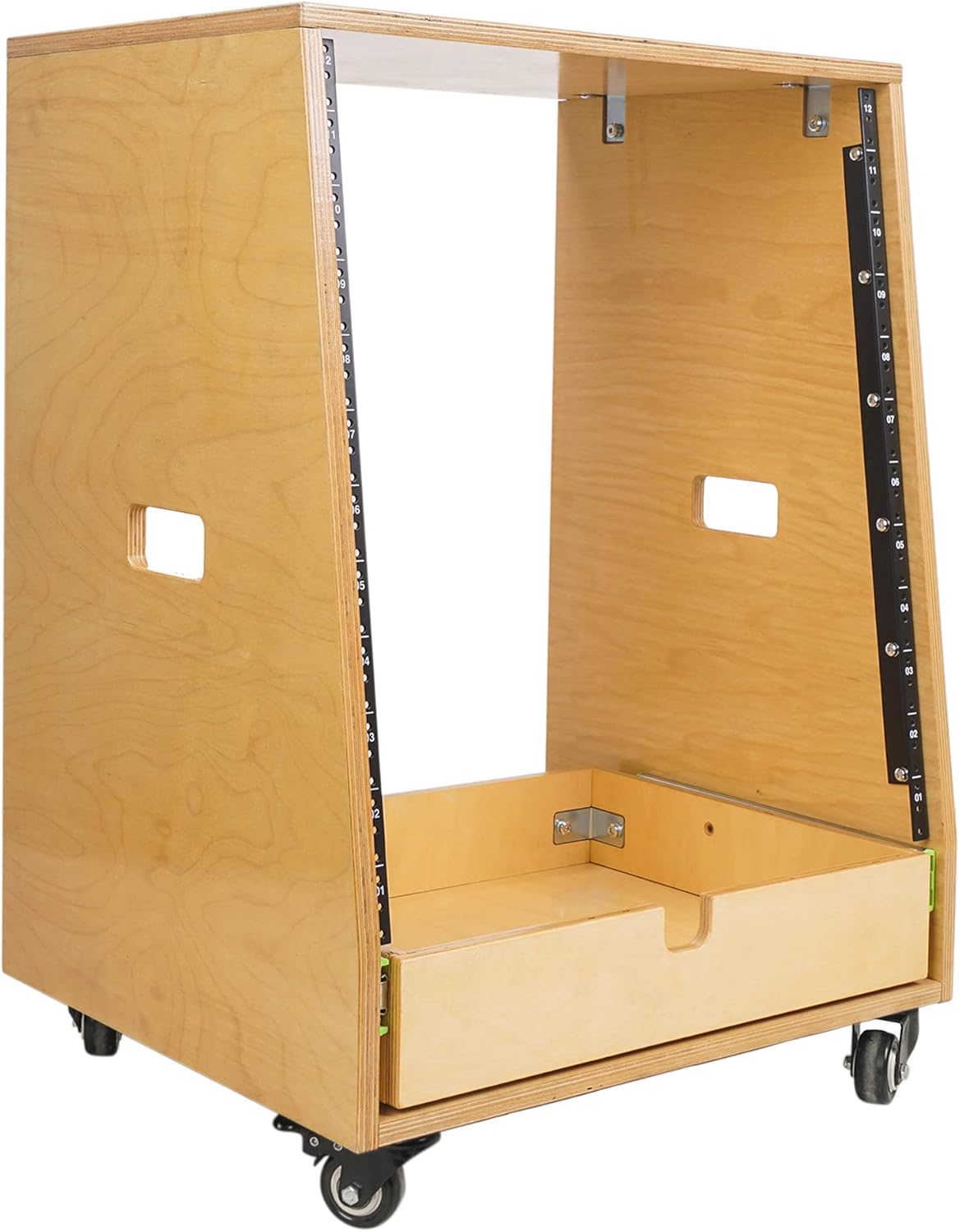 Sound Town 12U DIY Slanted Studio Rack with 12U Rack Space, Extra 2U Drawer, Plywood, Rubber Feet, Casters, Weathered Gray (SDRK-12TBD2)