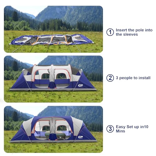 CAMPROS CP Tent 12-Person-Camping-Tents,3 Room Family Tents,Waterproof Windproof Family Tent with Top Rainfly,6 Large Mesh Windows,Double Layer,Easy Set Up, Portable with Carry Bag-20' x 9' x 72"(H)