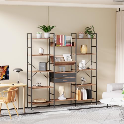 5 Tier Bookshelf with Shelves Triple Wide Bookcase with 14 Open Display Shelves Industrial Book Shelf Book Case Modern Tall Bookcases Furniture for Bedroom, Home, Office, Living Room