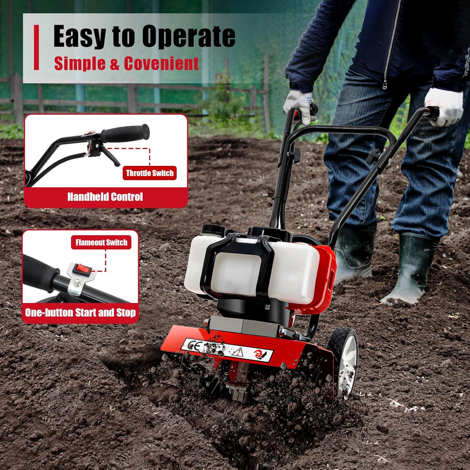Mini Tiller Cultivator, Powerful 52cc Two-stroke Single-cylinder Gasoline Engine, Gear Drive Transmission, Height Adjustable Wheels, for Gardening
