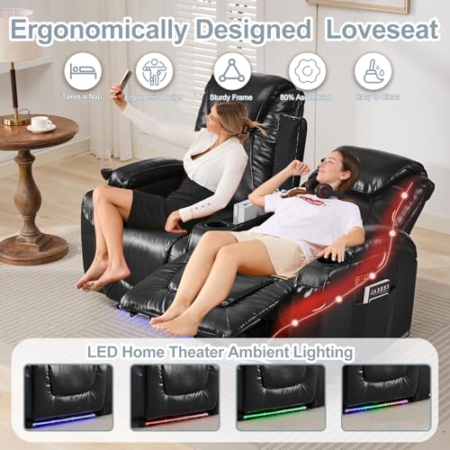 RV Reclining Loveseat Recliner Wall Hugger Recliners RV Theater Seating Seats Theater Chair Theater Recliner Sofa Love Seat with LED Light/USB/Type C/Cup Holders,Power Recliner Chair (Blue, 62)