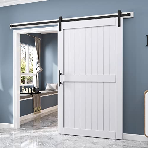 EaseLife 54 x 84 inch White Barn Door with 9FT Sliding Door Hardware Kit Included & Handle,Solid Wood Covered with Waterproof PVC Surface,DIY Assemblely,Easy Install,H-Frame,Fit 50-52in Wide Opening