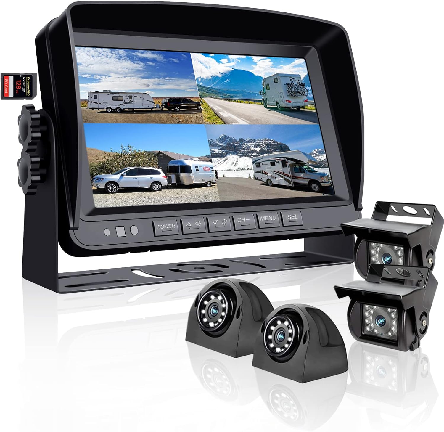 Backup Camera System with 9'' 1080P Monitor for RV Semi Box Truck Trailer Camper, 4 Split Screen Quad View HD DVR Record Monitor + IP69 Waterproof Night Vision Rear Side View Camera Avoid Blind Spot