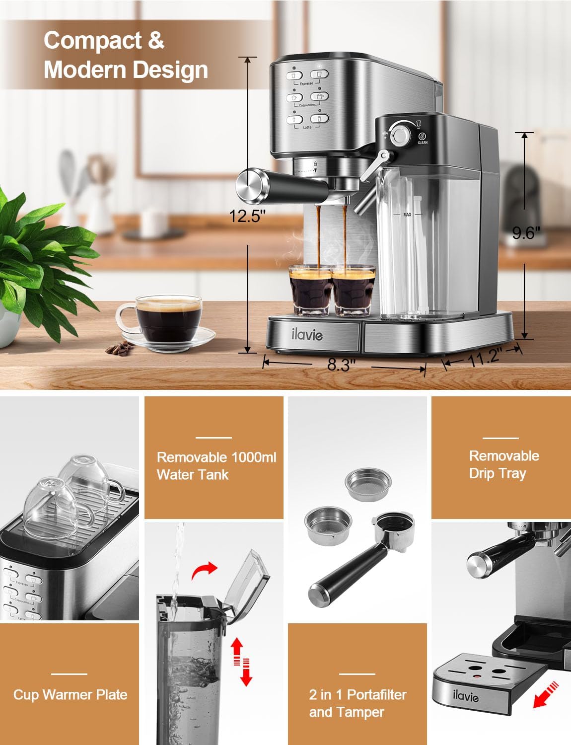 Espresso Machine 20 Bar, 6 in 1 Espresso Coffee Machine Built In Milk Frother for Espresso, Cappuccino and latte with 1000ML Water Tank, 1350W
