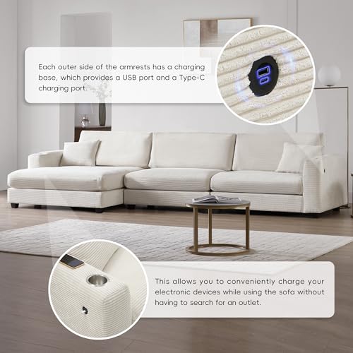 P PURLOVE Oversized Corduroy Sectional Sofa with USB Charging Port, Cup Holder, L Shaped Cloud Couch with 50" W Chaise, Comfy Indoor Furniture for Living Room (Gray)