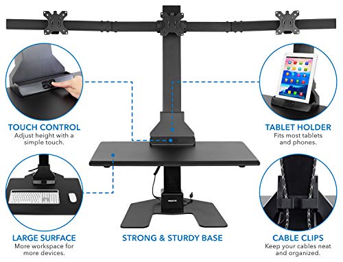 Mount-It! Triple Monitor Electric Standing Desk Converter - 3 Screens Stand Up Desk Riser - Height Adjustable Desktop & 3 Mounts for Screens up to 32", Sit-Stand Convertor for Home, Office, School
