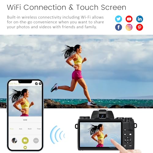 Saneen Digital Camera, 4k Cameras for Photography & Video, 64MP WiFi Touch Screen Vlogging Camera for YouTube with Flash, 32GB Card, Lens Hood, 3000mAH Battery, Front and Rear Cameras - Black