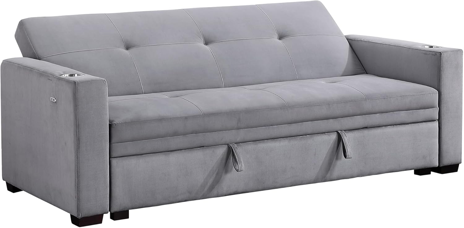 Lexicon Futon Sofa Bed, 83.5" Couch, Sleeper Sofa, Velvet Futon with Storage, Armrest, Two Cup Holders and USB Ports, Sofa Cama, Couches for Living Room and Bedroom, Grey